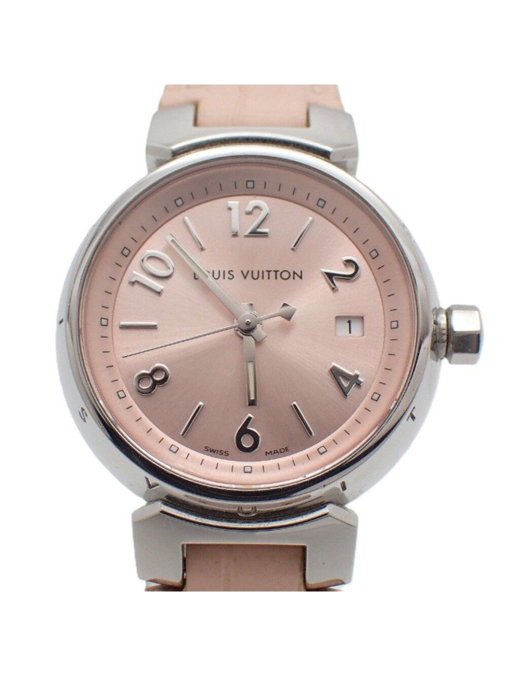 Louis Vuitton Tambour Date Quartz Watch Pink Dial Leather Strap